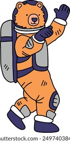 A cartoon bear in a spacesuit is jumping up and down. The bear is wearing a backpack and he is excited about something