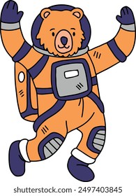 A cartoon bear in a spacesuit is jumping up and down. The bear is wearing a backpack and he is excited about something