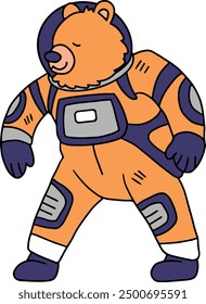 A cartoon bear in a spacesuit is jumping up and down. The bear is wearing a backpack and he is excited about something