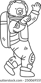 A cartoon bear in a spacesuit is waving. The bear is wearing a backpack and has a hand on its hip