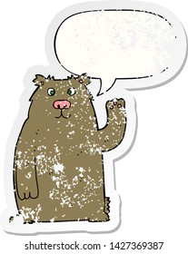 Cartoon-Bär mit Sprachblase bedrückte alte Aufkleber
