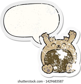 cartoon bear with speech bubble distressed distressed old sticker