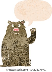 cartoon bear with speech bubble in grunge distressed retro textured style