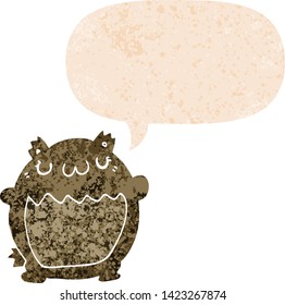 cartoon bear with speech bubble in grunge distressed retro textured style