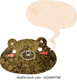 cartoon bear with speech bubble in grunge distressed retro textured style