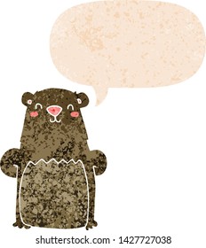 oso de caricatura con burbuja de habla en un estilo retro angustiado y texturado