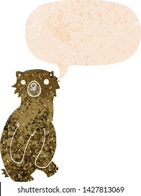 cartoon bear with speech bubble in grunge distressed retro textured style