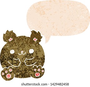 cartoon bear with speech bubble in grunge distressed retro textured style