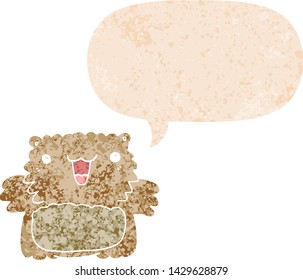 cartoon bear with speech bubble in grunge distressed retro textured style