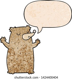 cartoon bear with speech bubble in retro texture style