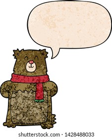 cartoon bear with speech bubble in retro texture style