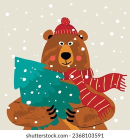 Cartoon bear with spruce tree and falling snow.Winter background with cute character isolated on a gray.Forest animal in a warm hat and scarf.Funny print on fabric and paper.Vector illustration.