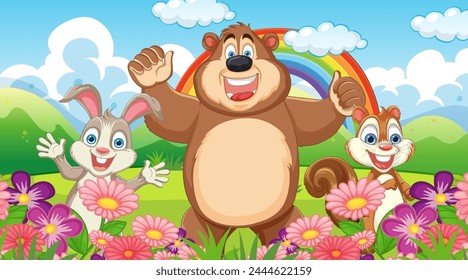 Cartoon bear and squirrels with rainbow in meadow
