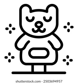 Cartoon bear standing with closed eyes wearing overalls, in black and white line art style