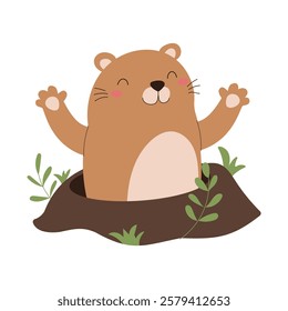 A cartoon bear is standing in a hole with leaves and grass around it. The bear is smiling and he is happy