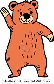 A cartoon bear is standing and looking at the camera. The bear is smiling and he is happy
