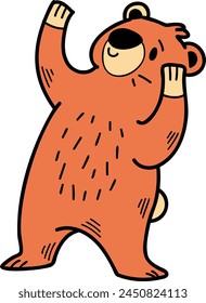A cartoon bear is standing and looking at the camera. The bear is smiling and he is happy