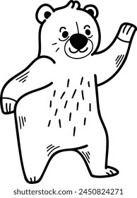 A cartoon bear is standing and looking at the camera. The bear is smiling and he is happy