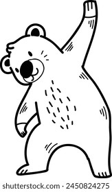 A cartoon bear is standing and looking at the camera. The bear is smiling and he is happy