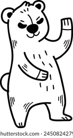 A cartoon bear is standing and looking at the camera. The bear is smiling and he is happy