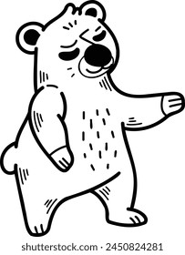 A cartoon bear is standing and looking at the camera. The bear is smiling and he is happy