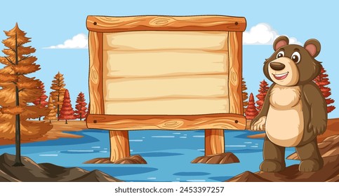 Cartoon bear standing next to a blank signboard