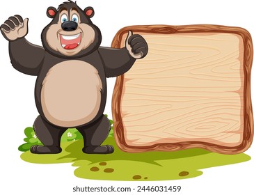 Cartoon bear standing next to a signboard.