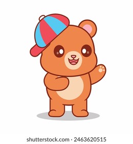 Cartoon Bear Is Standing Wearing A Cute Hat Vector Illustration , Animals Nature.