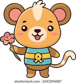 A cartoon bear stands holding a pink flower. It wears a blue striped shirt with a yellow ribbon and has a happy, open-mouthed expression.