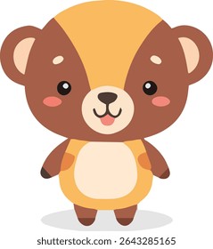 A cartoon bear stands upright, featuring brown and tan fur, rosy cheeks, and a small shadow beneath its feet.