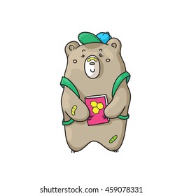 Cartoon bear student with the textbook in hands, with a cap on his head and a backpack. Bear ready for school.