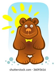 Cartoon bear and sun on a blue sky background.