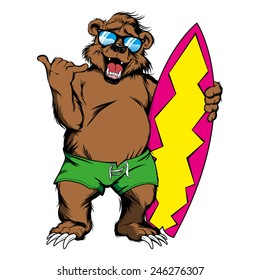 Cartoon Bear with surfboard giving the shaka sign 