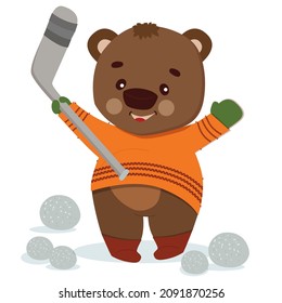Cartoon bear in a sweater plays hockey.