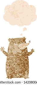 cartoon bear with thought bubble in grunge distressed retro textured style