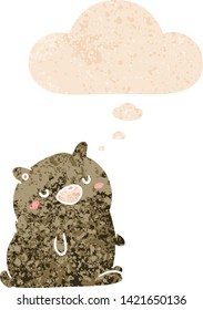 cartoon bear with thought bubble in grunge distressed retro textured style