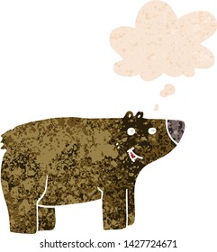 cartoon bear with thought bubble in grunge distressed retro textured style