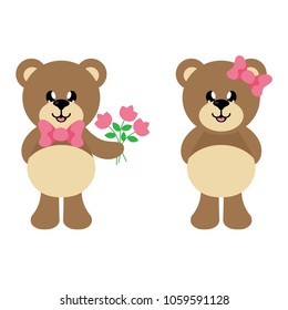 cartoon bear with tie with flowers and bear girl