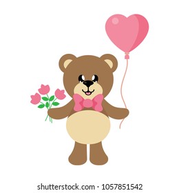 cartoon bear with tie and flowers and lovely balloons