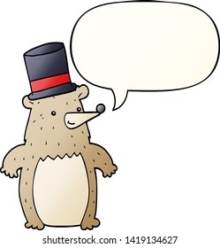 caricatura de oso en sombrero superior con burbuja de habla en un estilo de gradiente suave