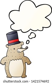caricatura de oso en sombrero superior con burbuja de pensamiento en un estilo de gradiente suave