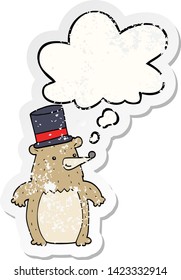 el caricaturista lleva el sombrero alto con la burbuja del pensamiento como una pegatina gastada angustiada