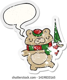 cartoon bear with umbrella with speech bubble distressed distressed old sticker