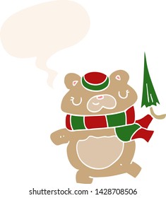 cartoon bear with umbrella with speech bubble in retro style