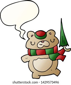 cartoon bear with umbrella with speech bubble in smooth gradient style
