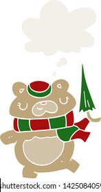 cartoon bear with umbrella with thought bubble in retro style
