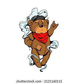 Cartoon bear with a vape and a cowboy scarf around his neck. vaping