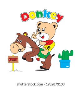 cartoon bear vector illustration riding a donkey