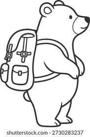 Un oso de dibujos animados con una mochila y de pie sobre sus patas traseras, listo para una aventura o viaje, representado en un simple estilo de dibujo de línea en blanco y negro.