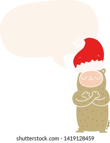 cartoon bear wearing christmas hat with speech bubble in retro style